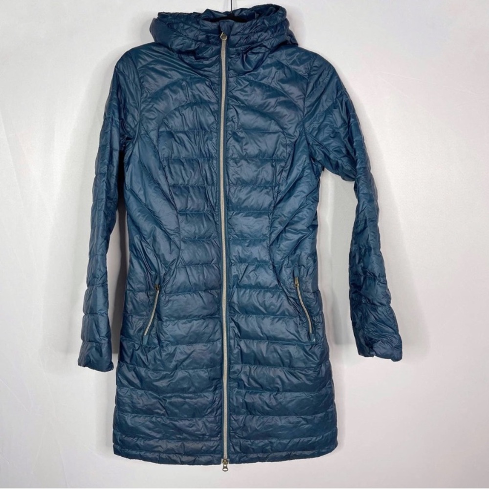 Lululemon Womens 4 Blue Pack It Down Jacket Long Lightweight 700 Fill Goose Down